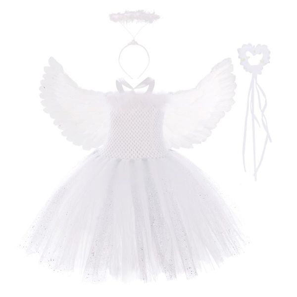 Vestidos de niña White Feather Angel Cosplay Tutu Dress con conjunto de alas Purim Lovely Kind Girl Birthday Fiesta de Halloween Disfraz para la escuela Perf