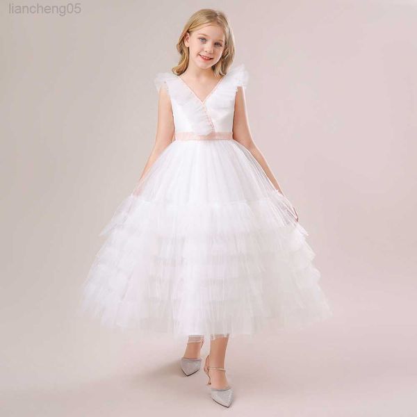 Robes de fille fleur blanche filles robe de princesse pour bridesmild robes de mariée enfants fille grand arc vêtements adolescent cérémonie fête v-cou robes W0224