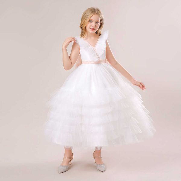 Robes de fille Fleur blanche Filles Princesse Robe pour demoiselle d'honneur Robes de mariée Enfants Fille Big Bow Vêtements Teen Cérémonie Fête V-Cou Robes