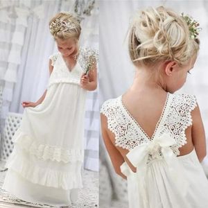 Vestidos de niña Blanco marfil Florista con lazo Faja Fiesta infantil Ropa formal Cuello en V Longitud total Burbuja Sin mangas Encaje HemlineGirl's