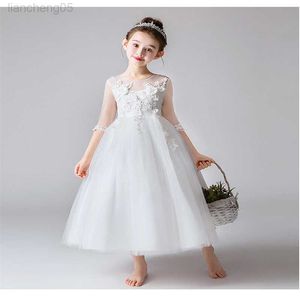 Robes de fille blanche enfants fête robes de demoiselle d'honneur pour les filles mariage viennent demi-manches robe de fille de fleur enfants anniversaire princesse vêtements W0224