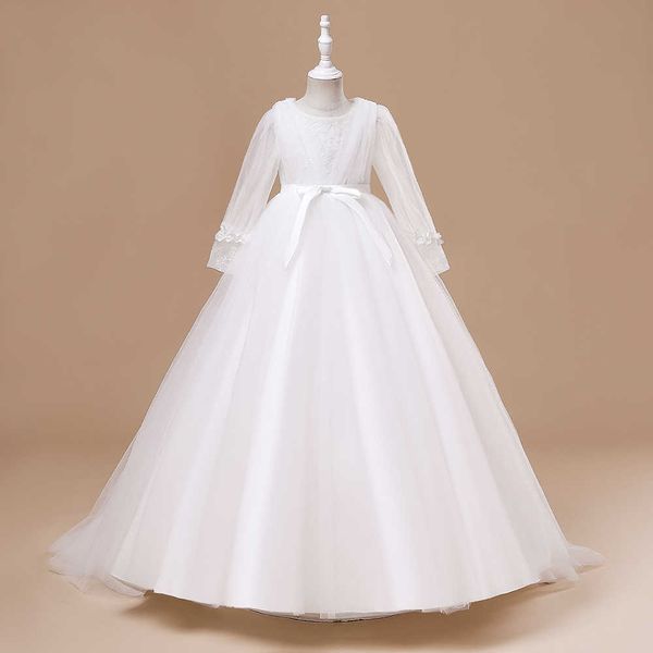 Robes de fille blanche à manches longues robes de demoiselle d'honneur adolescentes filles anniversaire princesse robe de soirée dentelle enfants formelle soirée de mariage robes
