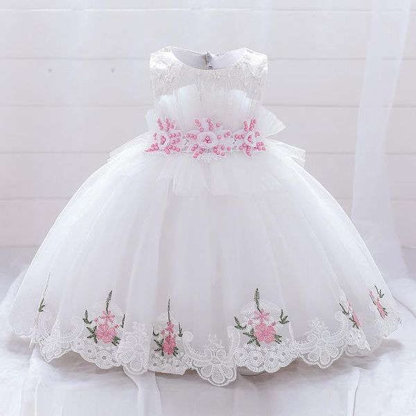 Robes de fille blanc rose fleur baptême premier 1er anniversaire robe pour bébé fille vêtements enfant en bas âge princesse dentelle fête perles costumes 0-5 ans