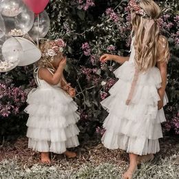 Robes de fille Blanc princesse fleur fille 2024 printemps été motif de dentelle fronde pour couches de gâteau tulle anniversaire enfants robe de soirée 3-8 ans 240315