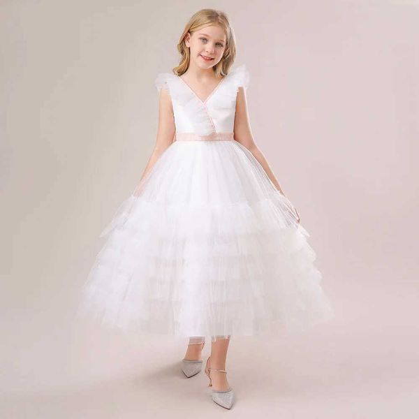 Robes de fille blanche princesse sans manches moelleuses maille longue robe jeune fille fille fille fille mariage fleur fille