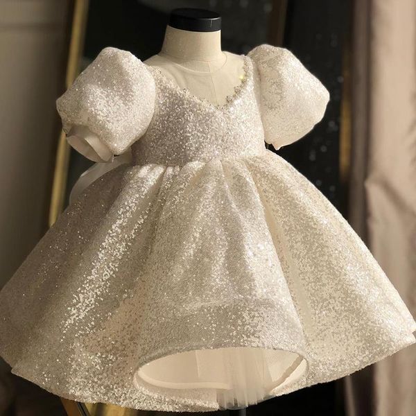 Vestidos de niña de tul blanco, Vestido de bebé niña, encaje de lentejuelas, bautismo infantil, niños, 1 año, fiesta de cumpleaños, boda, bautizo, Vestido