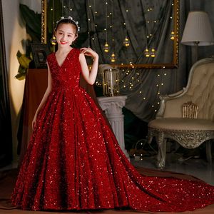 Girl's jurken Wine Red Pargin Flower Girl Pageant Mermaid Dresses Long Puffy Prom Formal Birthday Party Dress Luxe Evening Shining Ball Jurk P230327