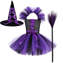 Robes de fille Costumes d'Halloween de sorcière pour filles Robe tutu noire violette pour enfants Carnaval Cosplay Outfit avec chapeau de balai 230920