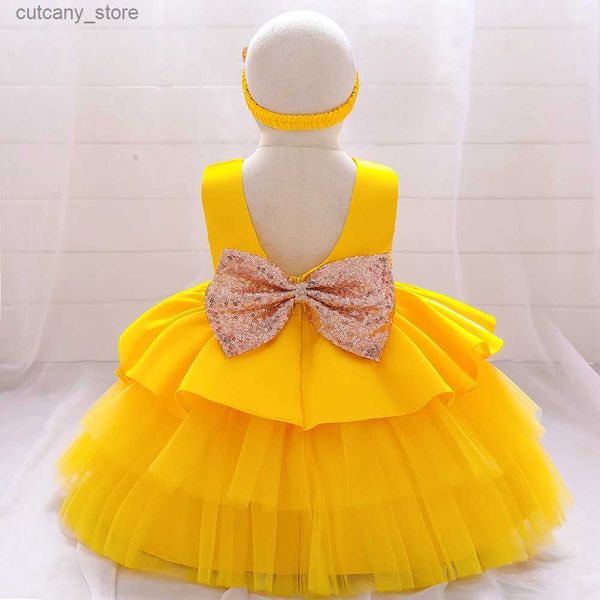 Robes de fille Jaune Paillettes Bow Infantile Filles Robes D'anniversaire Pour Fille Bébé Robe De Baptême Enfants Robe De Fête De Noël Enfant Vêtements L240315