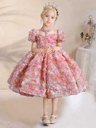 Girl's jurken Yoleyolei 3D Flower Party Dress Girl kettingontwerp met verstelbare trekkoord Later Lengte voor Eid -jurk D240515