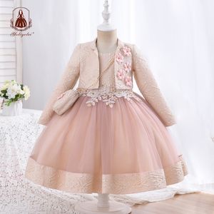 Robes de fille Yoliyolei 3 pièces/ensemble robe bouffante pour filles motif Jacquard Tulle Patchwork enfants vêtements 3D Appliques robes d'anniversaire décontractées 230830