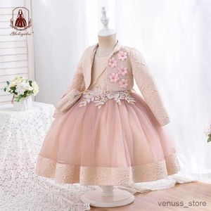 Robes de fille yoliyolei 3pcs / ensemble robe gonflée pour filles jacquard motif tulle patchwork enfants vêtements 3d appliques robes d'anniversaire décontractées