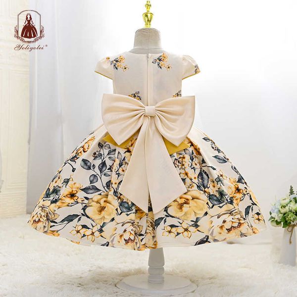 Robes de fille Yoliyolei Big Bow filles robe florale jaune imprimé ceinture Designer A-ligne enfants filles robe robe pour enfants 4 à 9 ansHKD230712