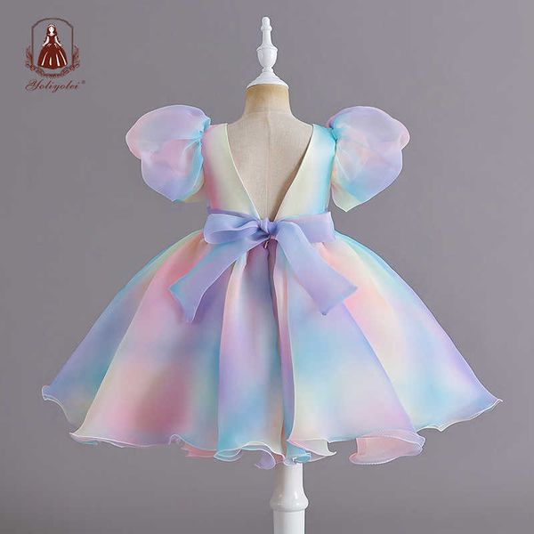 Robes de fille Yoliyolei arc-en-ciel en mousseline de soie bébé Costumes filles dos en V manches bouffantes enfants robe longueur au genou 1-7 ans robe de carnaval enfants filleHKD230712