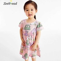 Girl's Jurken Zeebread 2-7t Summer Girls Dress Car Print Short Sleeve Preschool Clothing Frog Jurk Baby Princess Childrens Clothingl2405