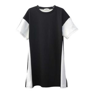 Girl's ES 6 tot 16 jaar Kids Shirt 2022 Nieuwe zomermeisjes Tiener katoenen jurk wit en zwart patchwork met tailleband #6158 0131
