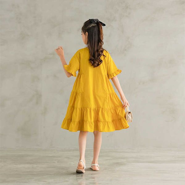 Fille es enfants filles mignonnes printemps été coton volants robe adolescente enfants bébé vêtements jaune froncé #6294