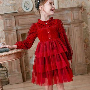 Fille es moderne à manches longues velours rouge Performance tenue de noël tissu fête de mariage enfants robe pour les filles 7 9 12 14 ans