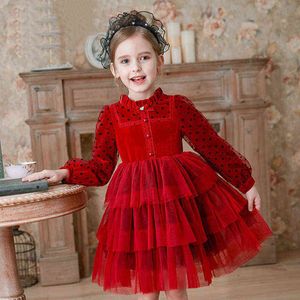 Girl's Es Modern Long Sleeve Velvet Red Performance Christmas Outfit Doek Wedding Party Kinderjurk voor meisjes 4 7 9 12 14 jaar 0913