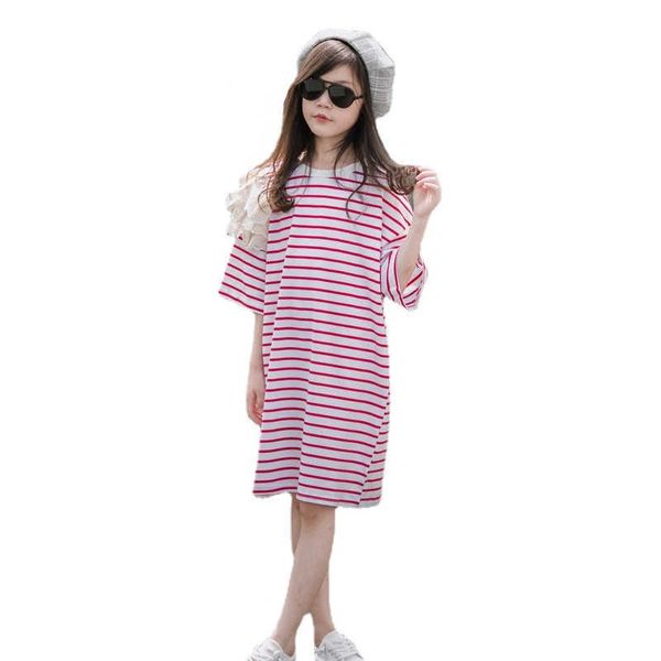 Ragazza es New Teen Kids Girls Midi Cotton Children Stripe Dress 2022 Summer Lace Patchwork Abbigliamento Causale Allungato #6946 0131