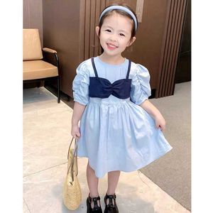 Fille es été filles faux deux pièces enveloppé poitrine à manches courtes douce princesse robe style coréen enfants bébé enfants vêtements