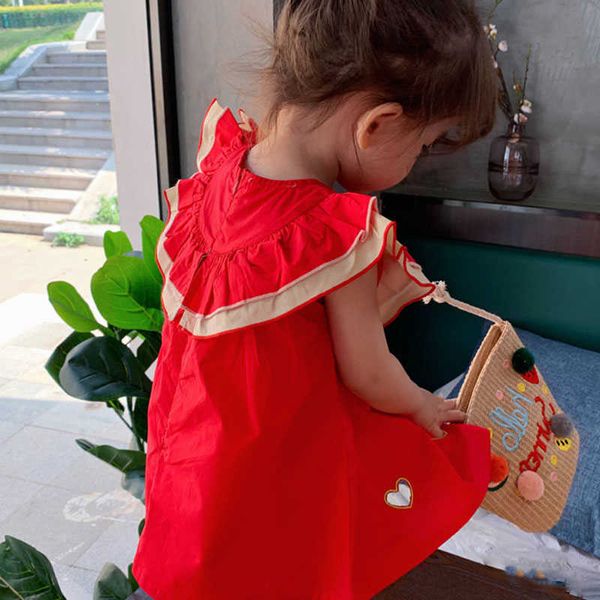 Fille es été filles amour coeur creux en forme d'éventail sans manches robe rouge bébé enfants vêtements vêtements pour enfants