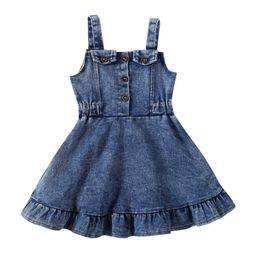 Meisje Es Toddler Kids Baby Girls Summer Denim Mode Mouwloze knop Down Down Ruffle Tank Dress 6M-4T 0131