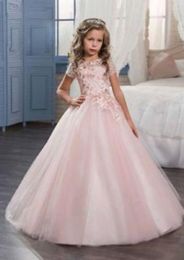 Meisje's mode lange kant applique custom schattige prinses bloem meisje jurk vloer lengte handgemaakte bloemen bogen kinderen prom verjaardagskleding