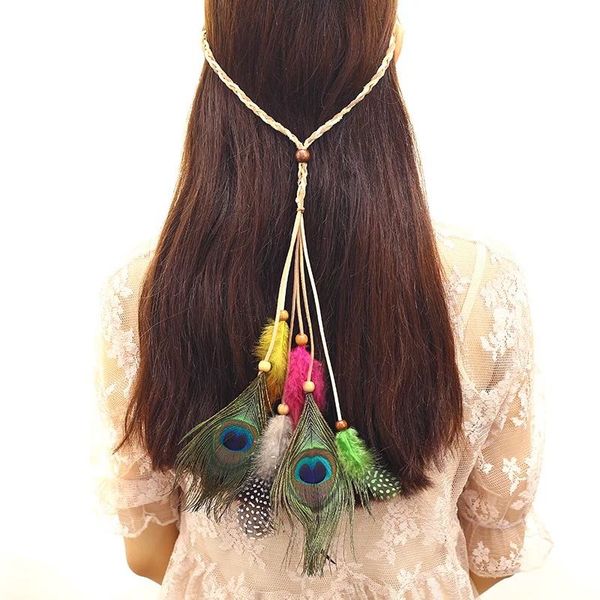 Diadema de plumas de pavo real indio Hippie para niña, tocados tejidos a la moda de estilo bohemio, cuerda para la cabeza de leopardo, 5 estilos al por mayor