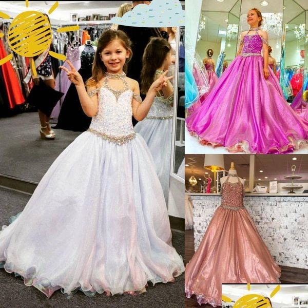 Vestidos del desfile de la niña 2023 Niñas Tallas grandes Cremallera Cuello halter Imagen real Rebordear Organza Niña Cumpleaños Junior Vestido de fiesta CR DHJ2B