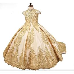 Meisjes optocht jurken bescheiden gouden pailletten kanten satijnen bloemenmeisjes jurken formele feestjurk voor tieners kinderen maat 0431