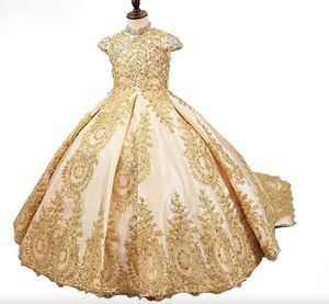 Robes de concours de fille modestes paillettes d'or dentelle Satin robes de fille de fleur robe de soirée formelle pour les adolescents taille des enfants