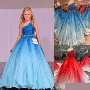 Meisjesoptochtjurken Ombreblauw meisje 2024 Kristallen Kralenjurk Baljurk Kleine kinderen Verjaardag One-Shoder Formele feestkleding Jurken Dh5Jp