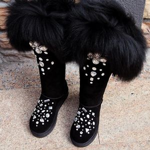 Fille d'hiver noir Bling strass embelli grande queue de renard fourrure sur le genou bottes de neige femmes Botas en peluche à l'intérieur des cuissardes hautes