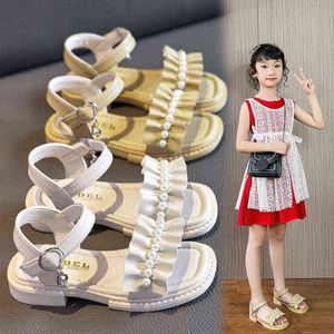 Girl Sandals Zomerschoenen 2022 Beachschoenen Kind Sandalen Kinderen Sandalen Princess Non-Slip Flat Ruffles Beading Fashion Shoe 3-12 G220523