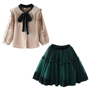 Meisje Sets Herfst Bowknot Shirt Lange Mouw + Mesh Dress 2st College Style Peuter Kinderkleding 210515