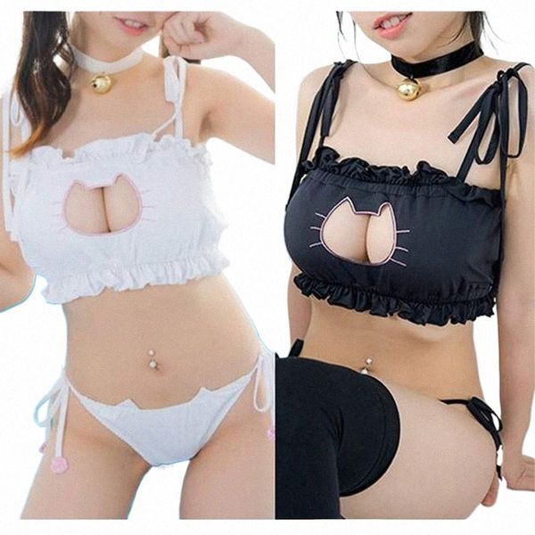 Chica lencería sexy cosplay uniforme de mucama Neko gato ojo de la cerradura sujetador calzoncillos collar conjunto lencería ropa interior sujetador ropa interior cuello accories m7TY #