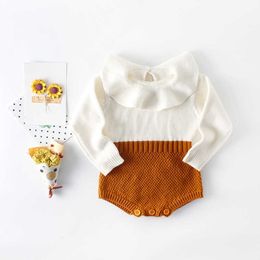 Meisje lente babykleding bodysuit gegolfde kraag mode gebreide trui infantil patchwork lange mouw b 838