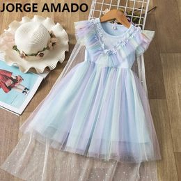 Meisje sterrenhemel jurk pailletten kant blauwe sundress mouwloze prinses klok kan babykleding e81203 210610 verwijderen