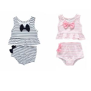 Girl Swimwear Kids Striped zwempak Tweedelig baby Bowknot Mouwloze badpakken Zomer Fashion Princess Beachwear Bikini Suits YP857