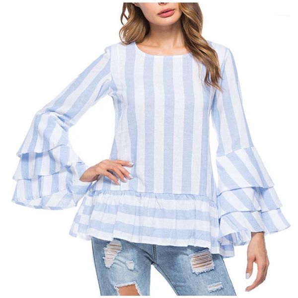 Chica Tops Moda Flare Manga Top Túnica Camiseta Verano para mujeres Raya Slim Party Ruffles Dobladillo Camisetas para hombres