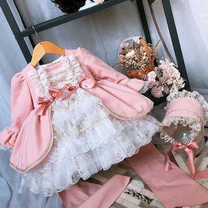 Fille Hiver Printemps Automne Laine Rose À Manches Longues Vintage Espagnol Lolita Princesse Robe De Bal Robe pour Fille Anniversaire Eid Casual Q0716