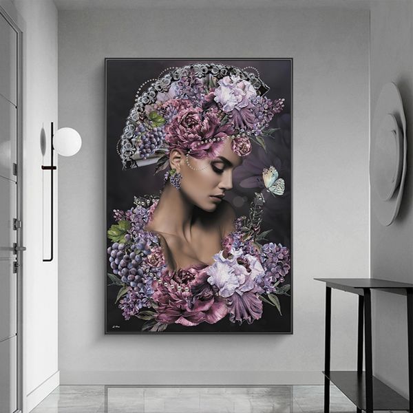 Póster de chica con flores, cuadros de pintura en lienzo, arte de pared para sala de estar, imágenes de retrato, decoración moderna para el hogar