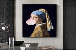 Fille avec boucles d'oreilles en perles célèbres art toile peinture à l'huile reproductions fille blue bulles rose affiches d'art d'art image décor 6067955