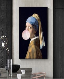 Fille avec des boucles d'oreilles en perles, toile d'art célèbre, reproductions de peinture à l'huile, fille, bulles roses, affiches d'art murales, décoration de maison, 3147741