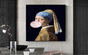 Meisje met parel oorbellen beroemde kunst canvas olieverfschilderij reproducties meisje blaas roze bubbels wall art posters foto home decor3441547