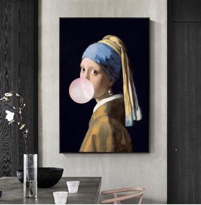 Ragazza con orecchini di perle Famosa arte Riproduzioni della pittura a olio su tela Ragazza Blow Pink Bubbles Wall Art Poster Picture Home Decor1994884