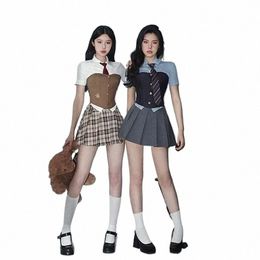 Chica Y2k Corset School Hot Sexy Uniforme Traje Chaleco Japonés Tubo Plisado Mujeres Coreanas Top Camisa de manga corta i5h3 #