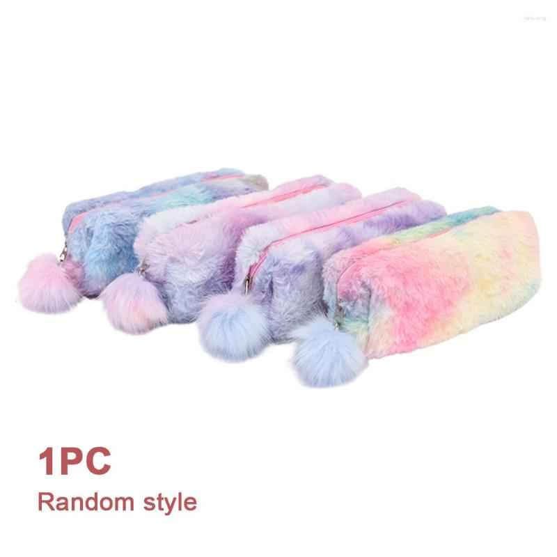 Girl Zipper Gift Kids Soft Makeup Pouch Pen Holder Large Capacity Pencil Case Student Cute Fluffy Bag Plush Rainbow Storage