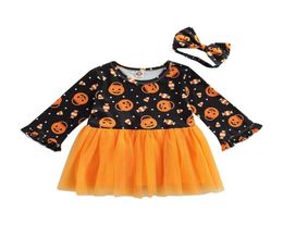 Girl039s robes 2pcs filles costume halloween citrouille imprimer patchwork long manche en tulle robe bowknot bandeau pour enfants childre8635407